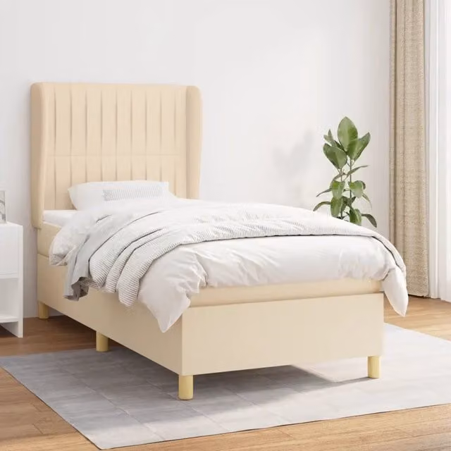 Letto ibrido vidaXL con giroletto a molle e materasso in tessuto beige e bianco, L/P/H: 90 x 200 x 40 cm