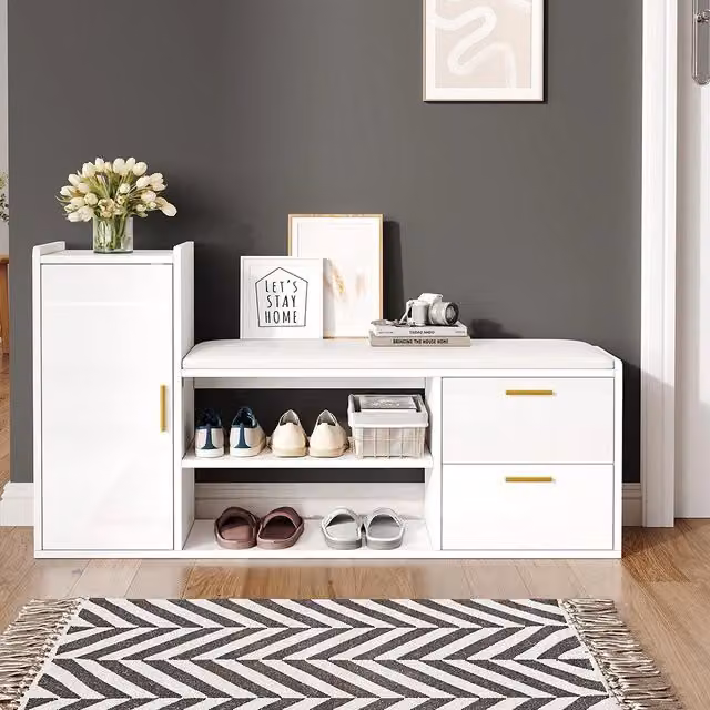Panchina porta scarpe Xylo bianca con seduta imbottita e 2 cassetti, L: 128 cm, P: 30 cm, H: 68 cm – 1