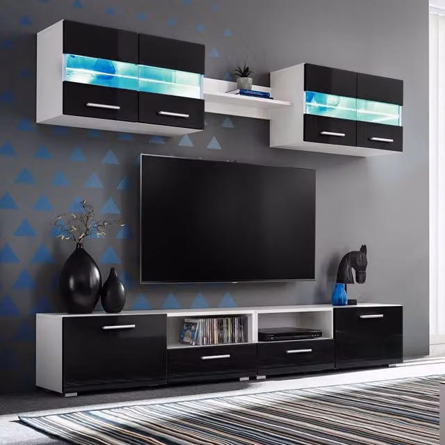 Set Parete Attrezzata Porta TV con Luci LED 5 pz Nero Lucido 246028
