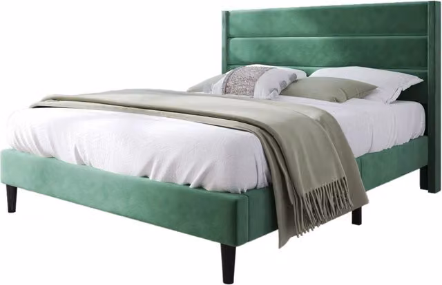 Letto imbottito 140x200 cm con testiera trapuntata, rivestimento in velluto verde scuro, rete a doghe inclusa, design moderno salvaspazio per camera da letto