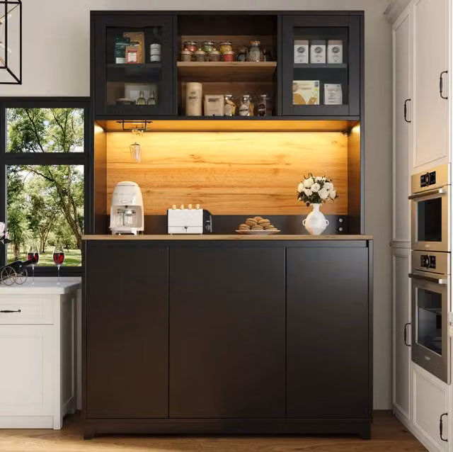 Mobile cucina 120x40x180 cm con vani multipli e illuminazione LED in MDF e metallo nero