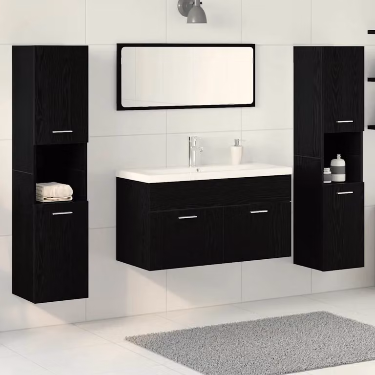 Set di mobili per il bagno moderno vidaXL in legno e metallo nero, composto da 4 pezzi con vanità e armadietti a muro L/P/H: 90,0 x 54,6 x 38,5 cm