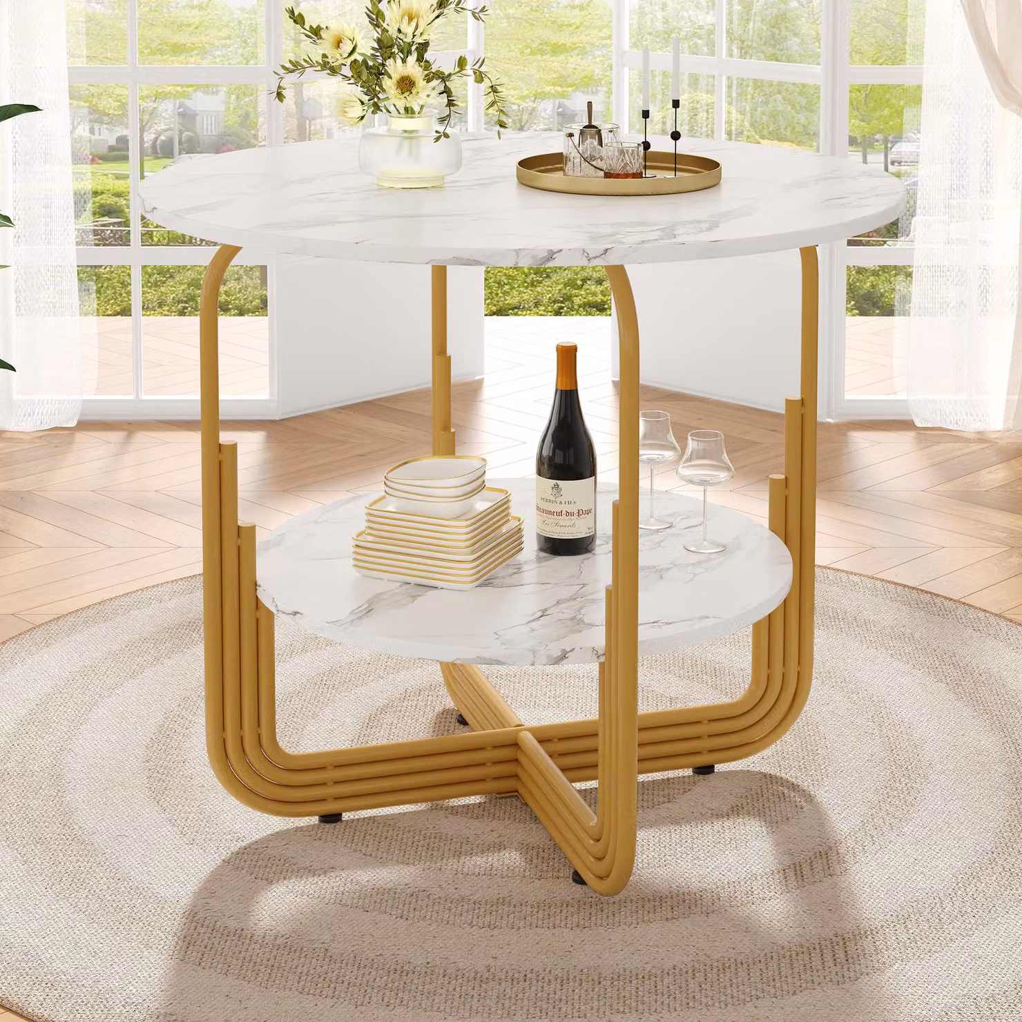okwish Tavolo da pranzo. Tavolo rotondo con ripiano centrale, piano del tavolo in MDF effetto marmo, adatto per 4 persone, bianco e oro