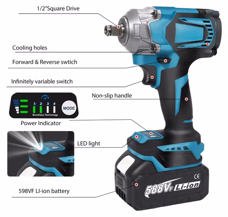 Avvitatore a percussione a batteria - Avvitatore a bulloni elettrico - 1200 Nm - Motore brushless - 8 velocità - Attacco quadrato da 1,27 cm - 1 batteria - 18 V