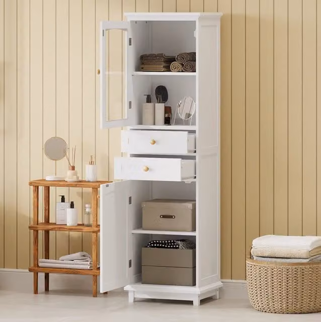Mobile bagno bianco 45x36x160 cm con ante in vetro, 2 armadietti, 2 cassetti e ripiani regolabili, maniglie dorate