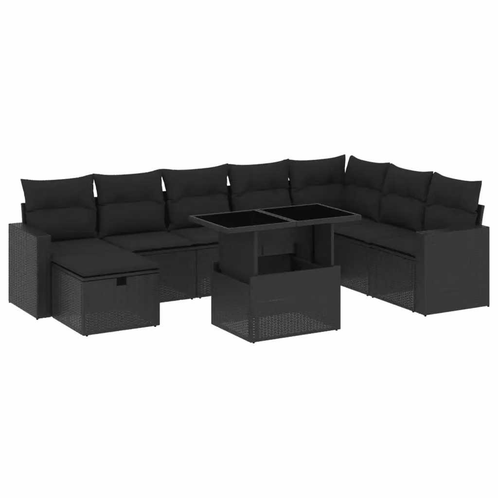 vidaXL Set Divani da Giardino 9 pz a Forma a L con Cuscini Nero in Polyrattan e Acciaio – 2