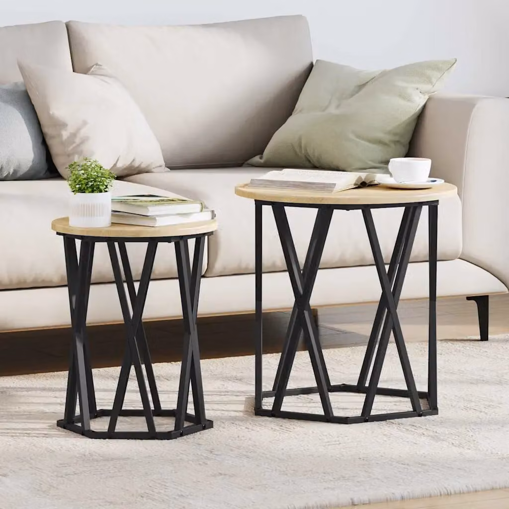 Set di 2 tavolini da salotto moderni vidaXL in legno e metallo, colore rovere e nero, L/P/H: 50 x 50 x 50 cm