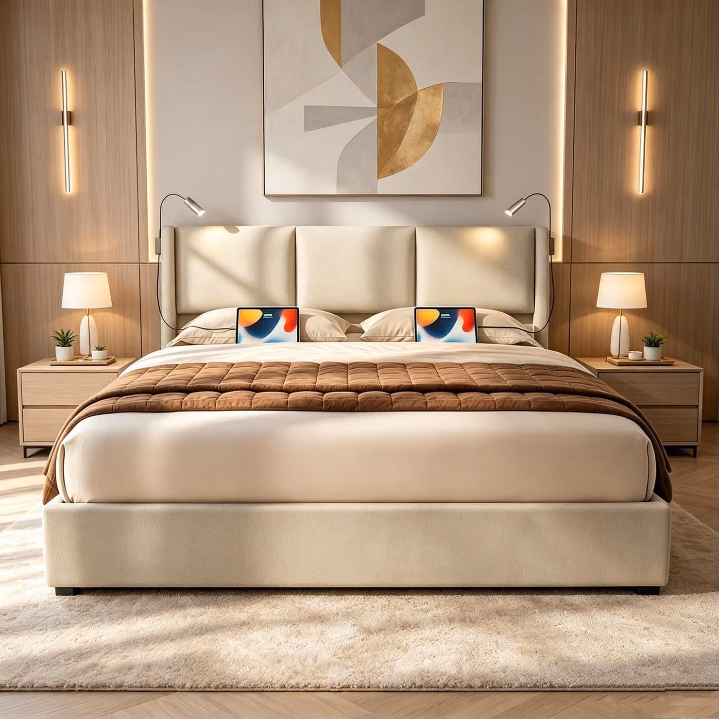 Letto imbottito INONEFT 160x200 con funzione di ricarica USB, letto matrimoniale con box contenitore, dotato di lampade da lettura e spazio contenitivo, letto con sistema di sollevamento idraulico, rivestito in lino, colore beige.