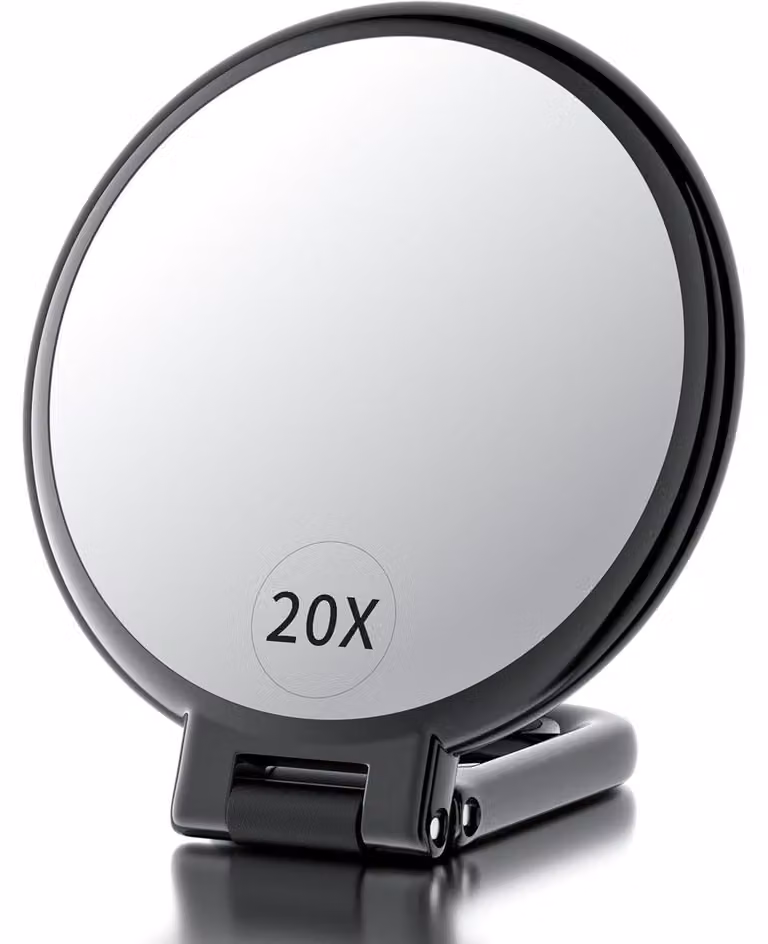 Specchio manuale con ingrandimento 20X/1X, bifacciale, pieghevole, girevole a 360°, portatile
