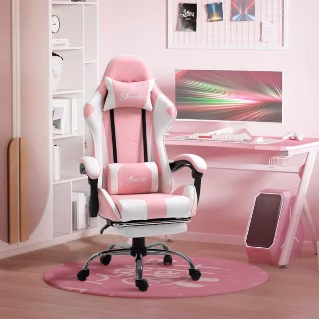 Sedia da gaming OKWISH ergonomica in pelle sintetica rosa con poggiapiedi, poggiatesta e altezza regolabile
