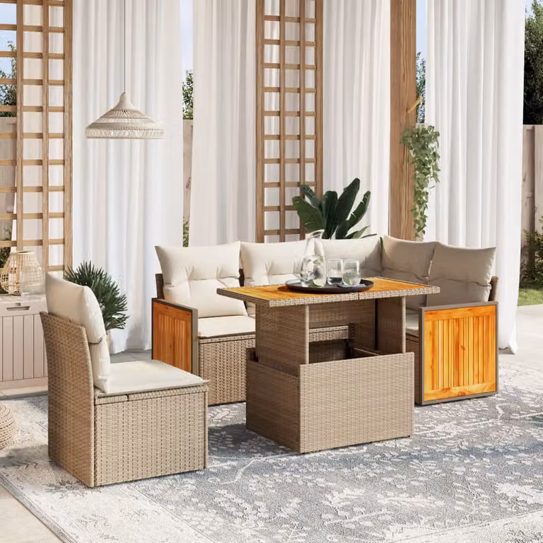 Set Divano da Giardino a L vidaXL 6 pz con Cuscini Beige e Tavolino in Polyrattan e Legno di Acacia