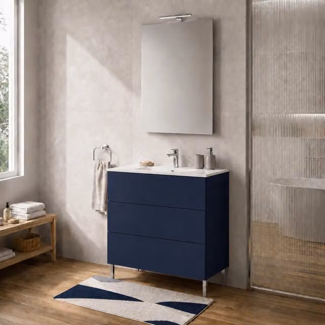 Mobile bagno a terra Tierra INBAGNO blu con tre cassetti push-pull e lavabo L: 80 cm, P: 45 cm, H: 50 cm