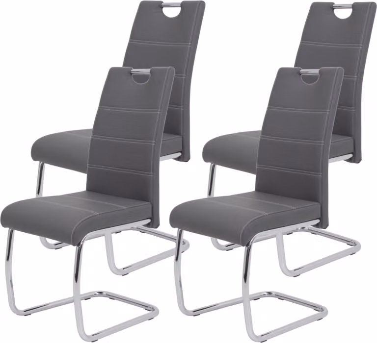 Hela Tische, set di 4 sedie per sala da pranzo a sbalzo Flora - rivestimento in Pelle finta grigio - struttura in metallo a tubo tondo cromato - portata 120 kg - schienale con maniglia