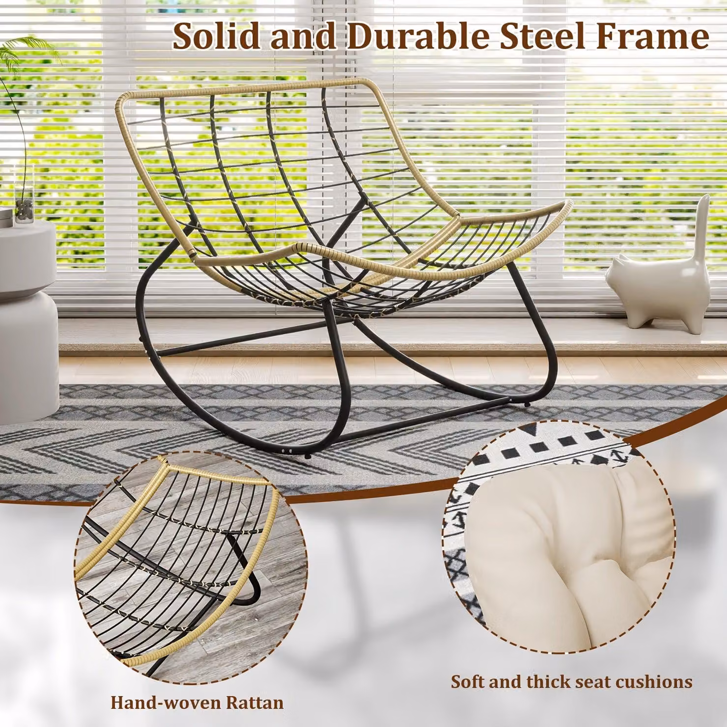 Poltrona a dondolo a forma di uovo in vimini, di grandi dimensioni, con cuscino beige. Adatta sia per interni che per esterni, realizzata in rattan di polietilene resistente a tutte le condizioni atmosferiche