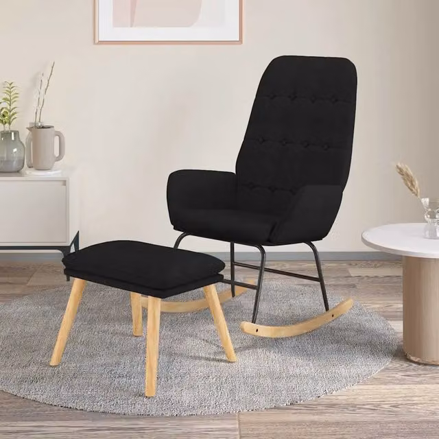 Poltrona a dondolo con poggiapiedi nera in tessuto e struttura in legno e metallo 278810 – 1