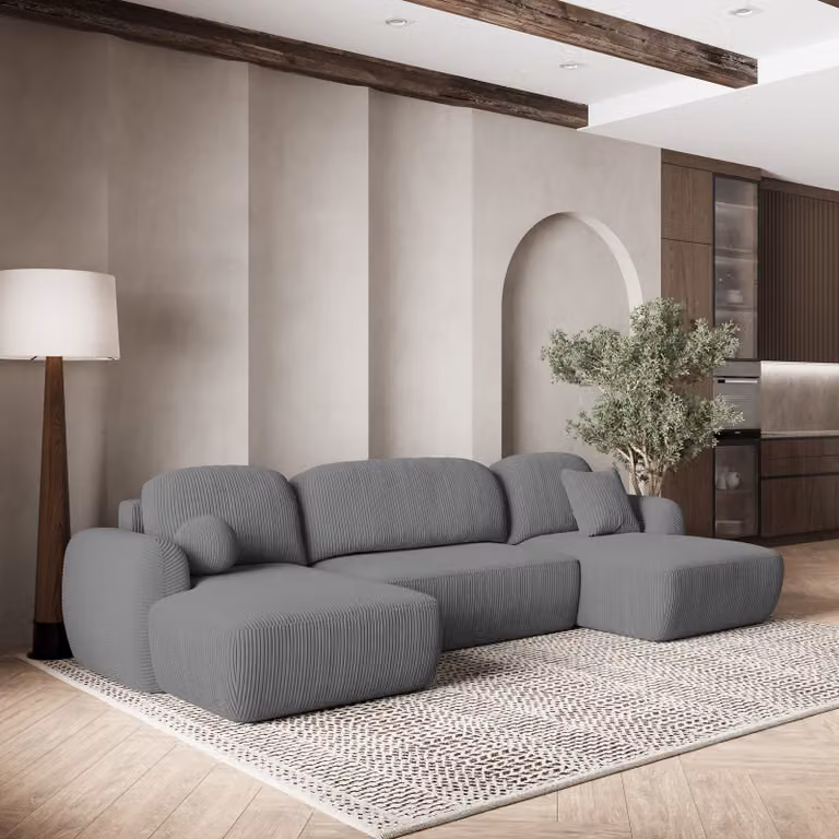 Divano angolare SAVONA P di Masseno con funzione letto a U, divano con box letto, divano da salotto, divano, divano, divano letto, set di divani - grigio, POSO 60