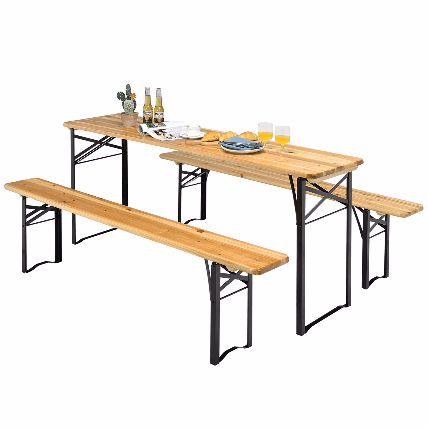 COSTWAY Set di tende da birra a 3 pezzi, tavolo da picnic con 2 panche, set di tavoli da campeggio con struttura in metallo, tensostruttura per patio, giardino 178 x 46 x 76cm