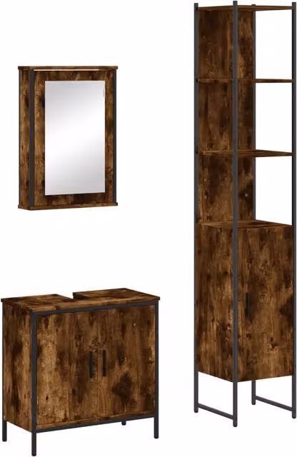 Set Mobili da Bagno | Armadio da bagno 3 pz Rovere Fumo in Legno Multistrato