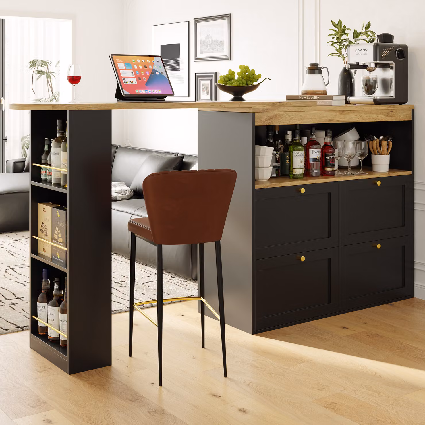 MODFU Mobile bar moderno con 4 cassetti e ripiani aperti - Credenza bar girevole estensibile salvaspazio per cucina o soggiorno - MDF - Nero
