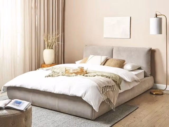 Letto matrimoniale Beliani in velluto a coste beige con testiera imbottita e base a doghe L/P: 160 x 200 cm