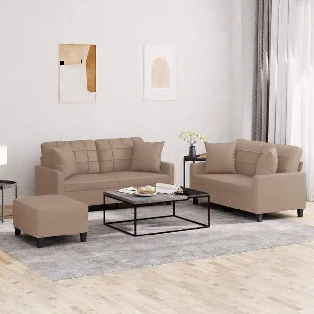vidaXL Set di Divani 3 pz Moderno in Similpelle con Cuscini Beige e Marrone – 1