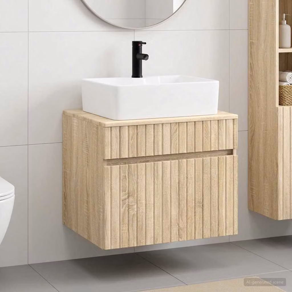 Set di mobili per il bagno moderno vidaXL in legno MDF color marrone con vanità a parete L: 59,0 cm, P: 44,5 cm, H: 50,0 cm