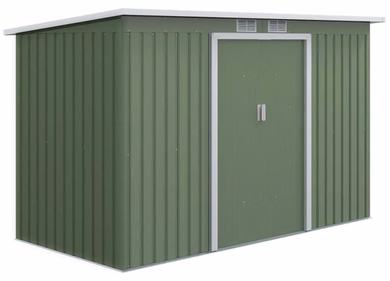 Capanno da giardino Moonbite, dimensioni 280x130x172 cm, con porta scorrevole e griglie di ventilazione, realizzato in lamiera d'acciaio zincata rivestita in plastica, dotato di base perimetrale, superficie di 3,2 m², colore verde chiaro