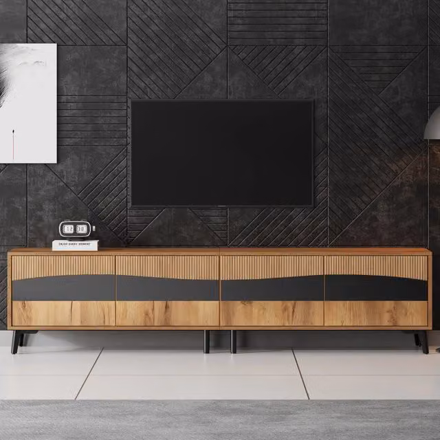 Mobile TV con 4 ante e 4 vani in truciolato per soggiorno 180×40×50 cm finitura naturale con linee nere