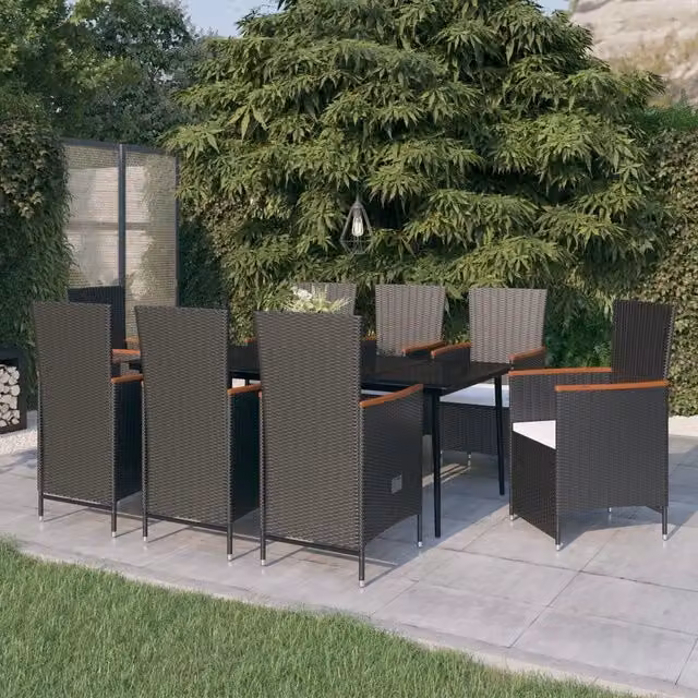 Set da pranzo da giardino vidaXL in polyrattan nero e bianco con tavolo in vetro e legno di acacia, 9 pezzi
