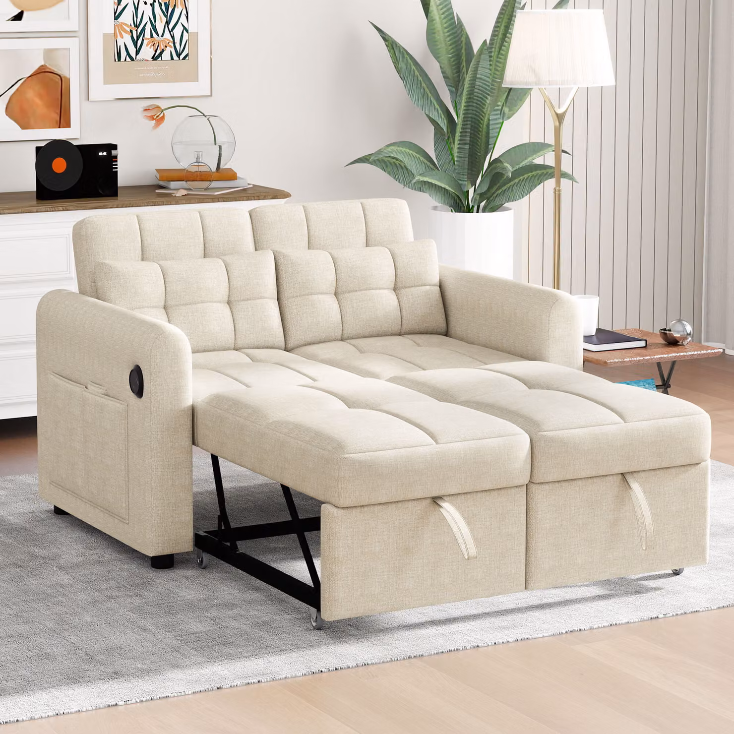 Divano letto Merax 3 in 1 - Divano a due posti con funzione letto e forma a L - Schienale regolabile, connessione USB, tasche portaoggetti - 142 x 85 cm