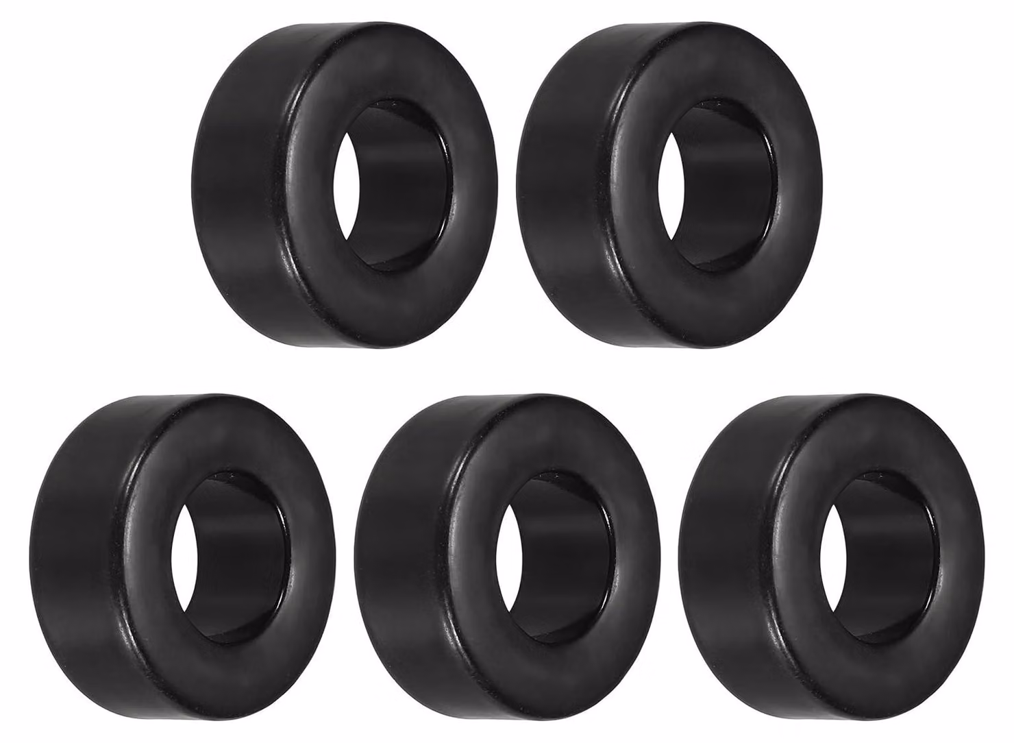 5 nuclei ferromagnetici a forma di toroide, dimensioni 14x27x11,5 mm, realizzati in polvere di ferro, adatti per applicazioni come trasformatori e induttori