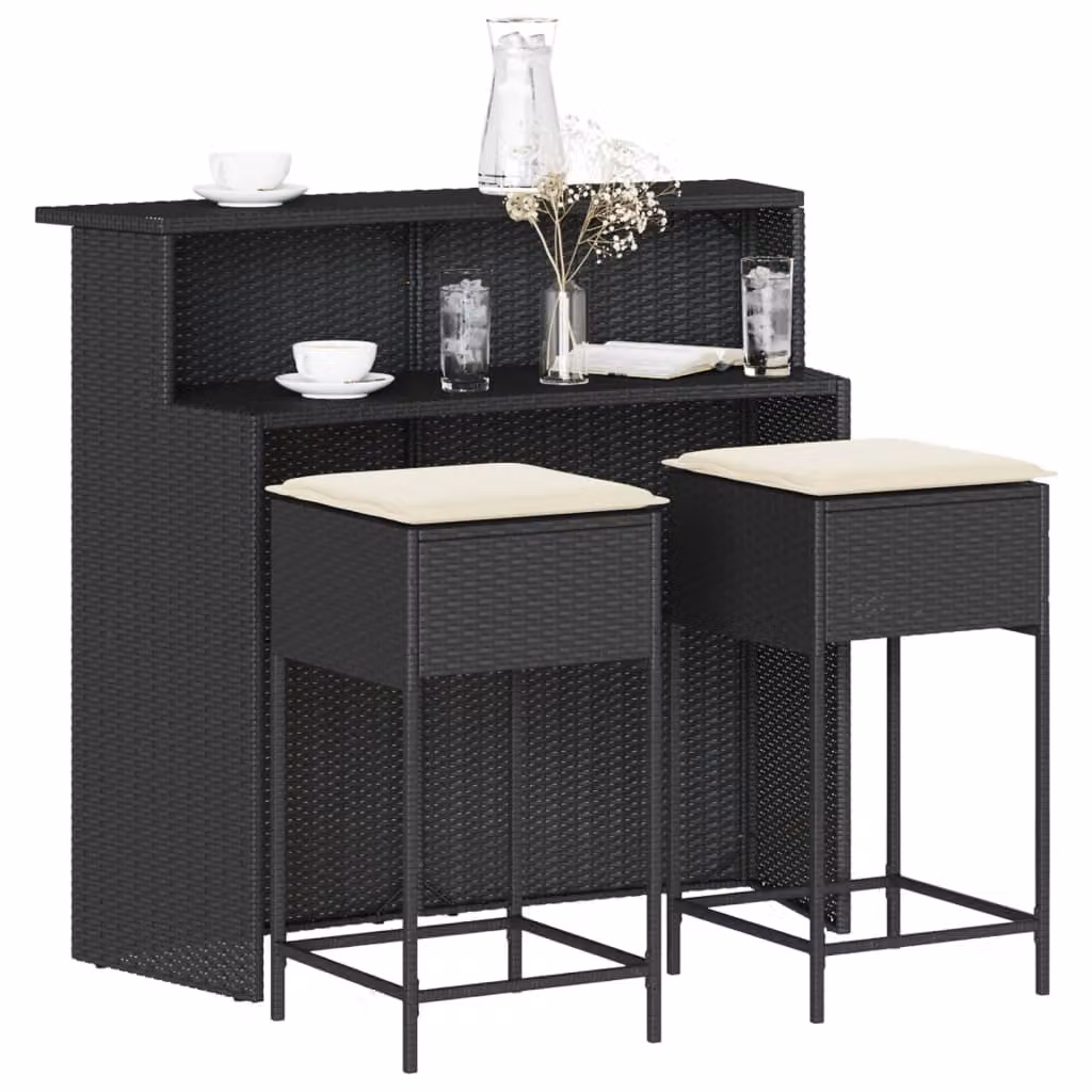 vidaXL Set Bar da Giardino 3 pz in Polyrattan Nero con Cuscini – 1