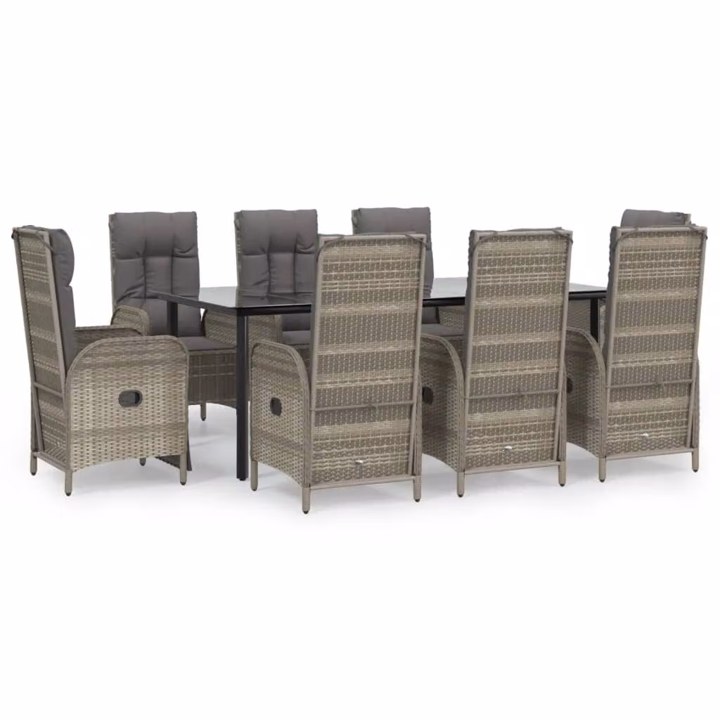 Set da Pranzo Giardino 9pz con Cuscini Nero e Grigio Polyrattan