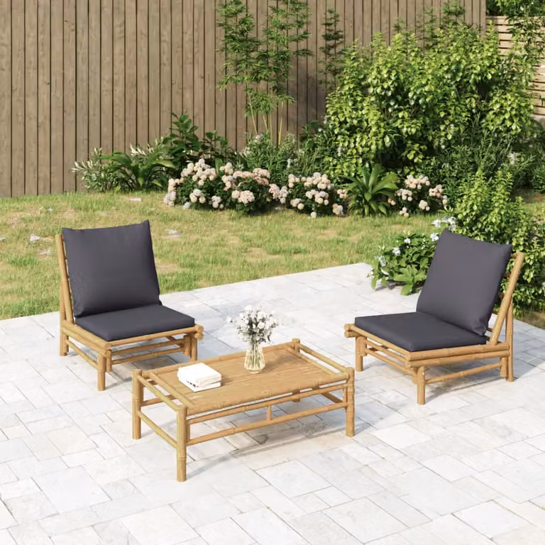 Set di 2 sedie da giardino vidaXL in bambù con cuscini grigi e marroni