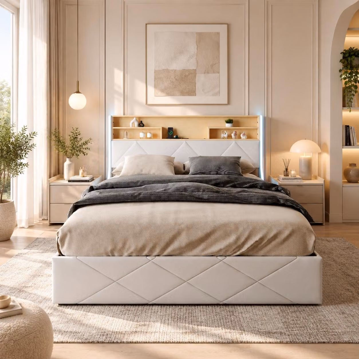 Letto singolo imbottito INONEFT, dimensioni 140x200 cm, con illuminazione LED, dotato di sistema di sollevamento idraulico per lo spazio contenitivo, testiera con vano contenitivo e prese USB, rivestito in ecopelle bianca