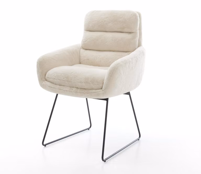 DELIFE Sedia da pranzo Abelia-Flex con braccioli in peluche bianco panna base a slitta nera