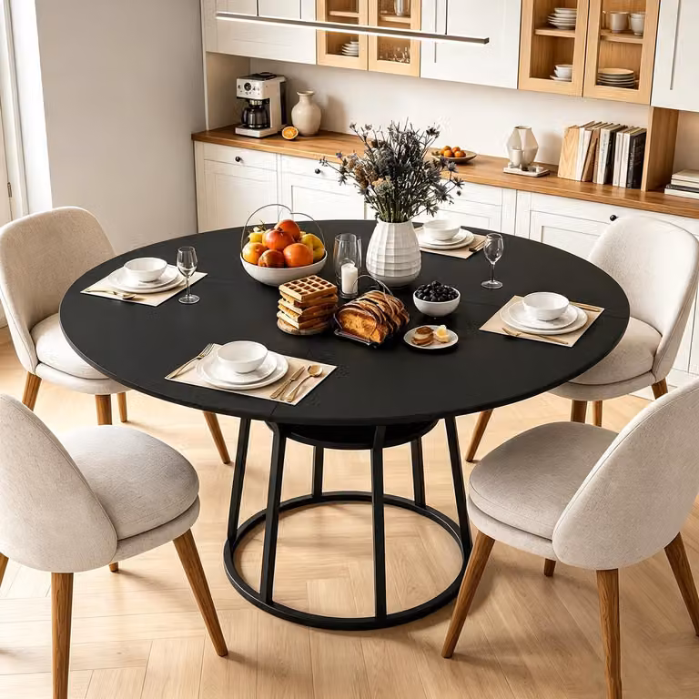 INONEFT, tavolo da pranzo rotondo, diametro 120 cm, per 4-6 persone, tavolo da pranzo con piano in legno e gambe in metallo, colore nero