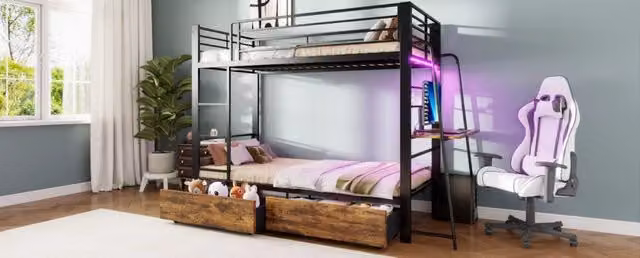 Letto a soppalco 90x200 cm con scrivania; LED e cassetti; metallo e MDF; nero