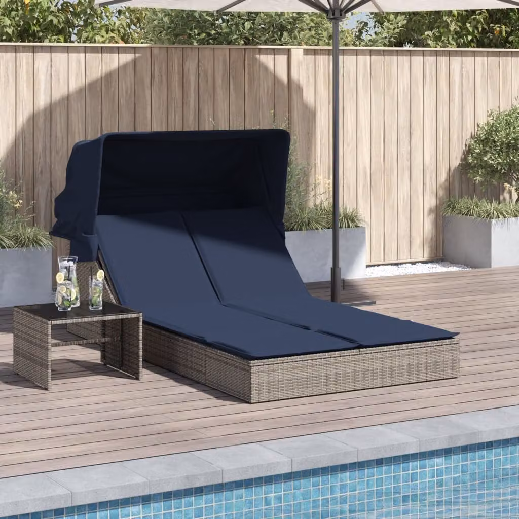 vidaXL Lettino prendisole doppio in Polyrattan Grigio e Blu con tettuccio parasole e cuscini ergonomici