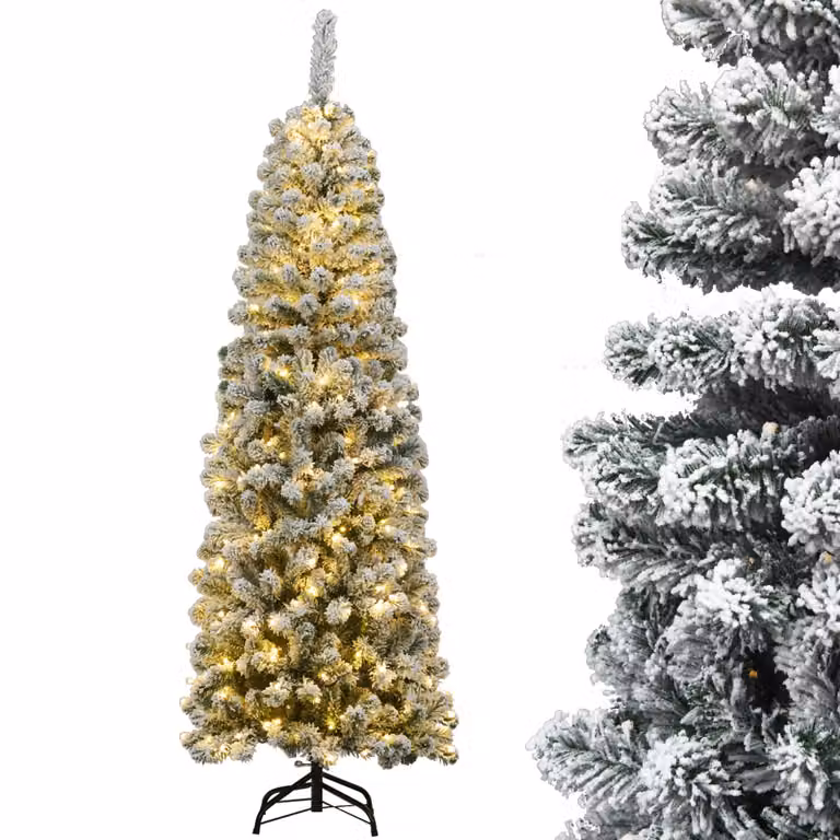 COSTWAY albero di Natale a matita 180cm, albero di Natale artificiale 500 aghi in PVC con neve, albero di Natale artificiale con 250 LED bianchi caldi e supporto in metallo