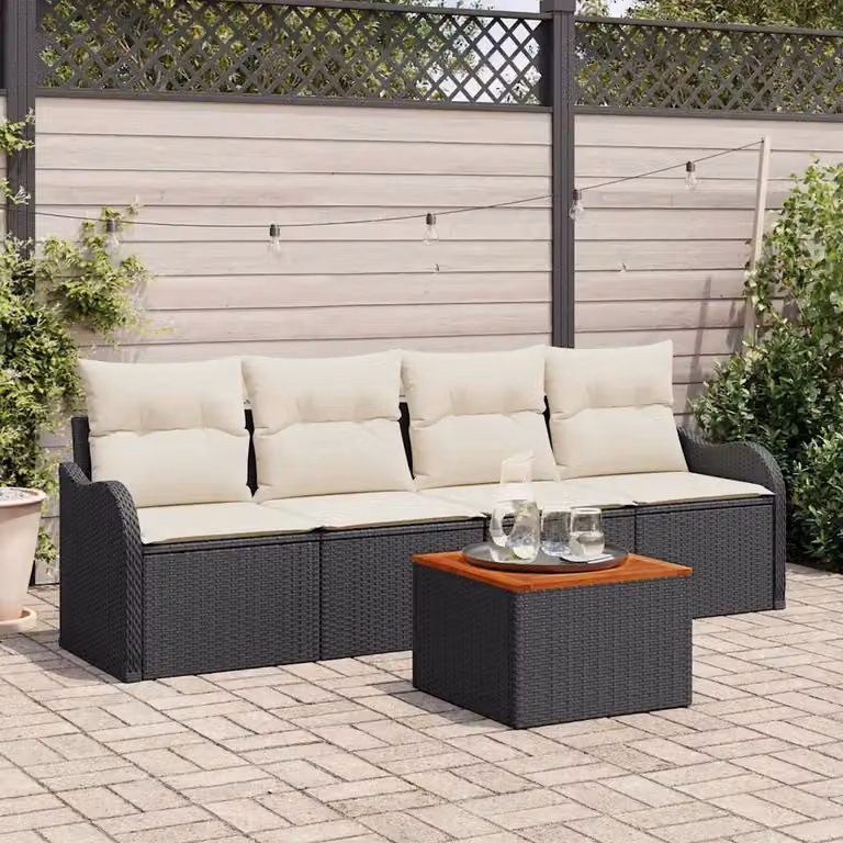 Set Divano da Giardino vidaXL 5 Pezzi con Tavolino Nero e Beige