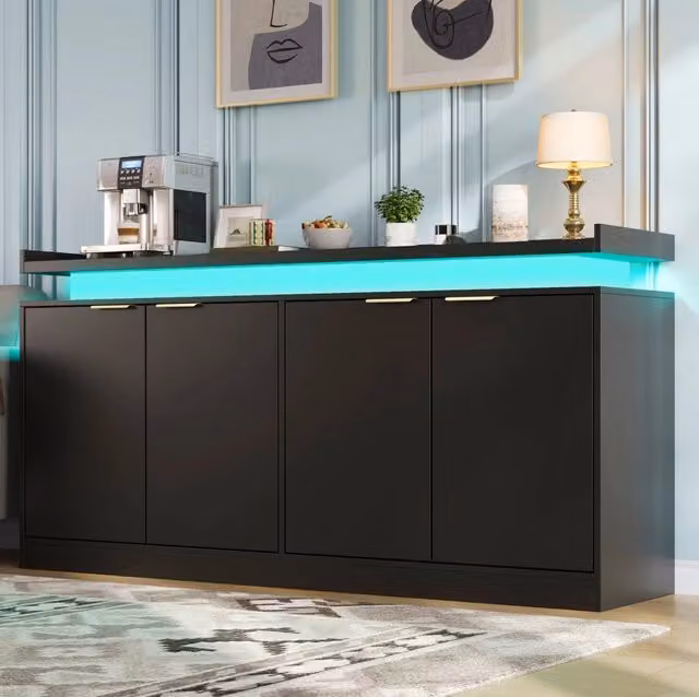 Credenza minimalista in MDF con illuminazione LED integrata, nera e oro, L: 160 cm, P: 39 cm, H: 83 cm – 1