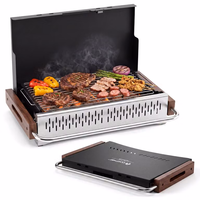 Barbecue a carbone COSTWAY con 2 altezze di griglia regolabili, barbecue da tavolo pieghevole, barbecue da campeggio compatto, barbecue da viaggio, barbecue a carbone, mini barbecue, dimensioni 62x43,5x6,5 cm