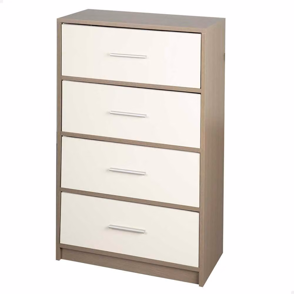 Comodino con 4 cassetti, in legno, dimensioni 58 x 30 x 91 cm, colore grigio-bianco, ideale per la camera da letto
