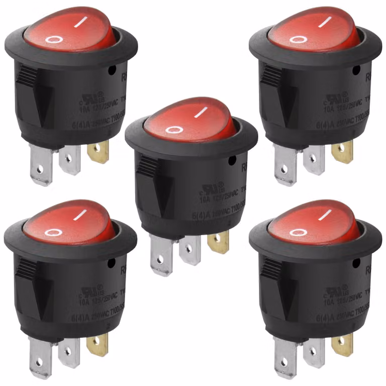 Interruttore a levetta, SPST, 10A 250V AC, con spia rossa, confezione da 5 pezzi.