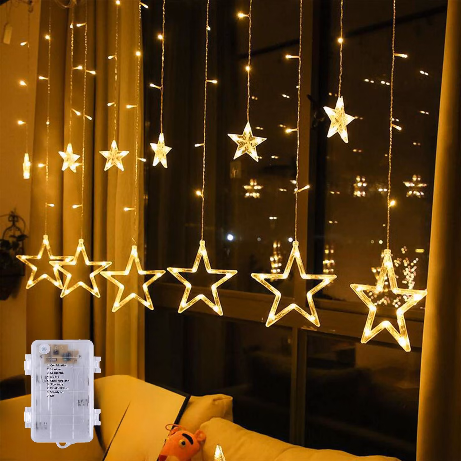 Tenda luminosa con stelle, 138 LED, 12 stelle, alimentazione a batteria, grado di protezione IP44