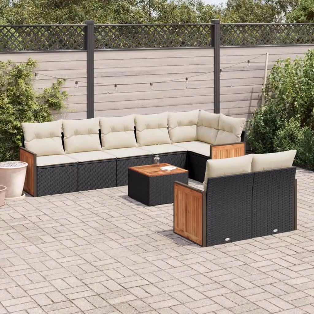 vidaXL Set Divani da Giardino 9 pz in Polyrattan con Cuscini e Tavolino Nero – 1