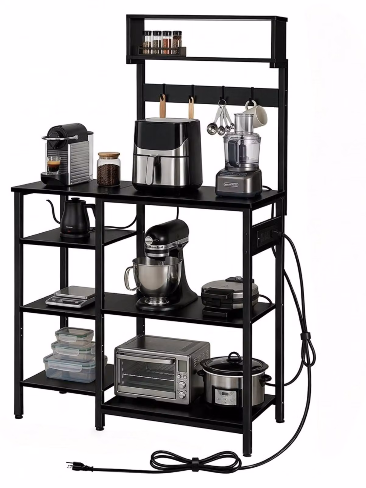 Scaffale da cucina Relaxdays con presa di corrente e porta USB, LxPxA: 151x82x40 cm, scaffale per microonde, scaffale da terra, effetto legno, metallo, nero