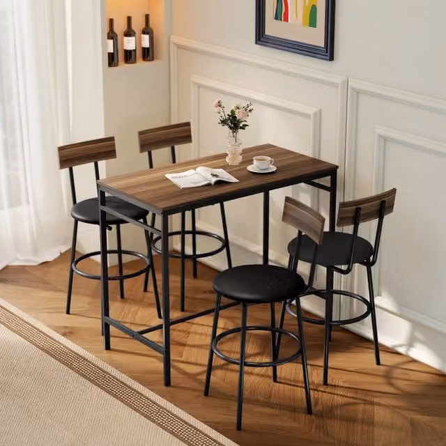 Set tavolo da bar Mivray con 4 sgabelli in stile industriale, legno marrone e acciaio