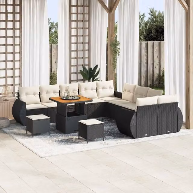Set Divano da Giardino vidaXL a Forma a U in Polyrattan Nero con Cuscini e Tavolino da 13 Pezzi
